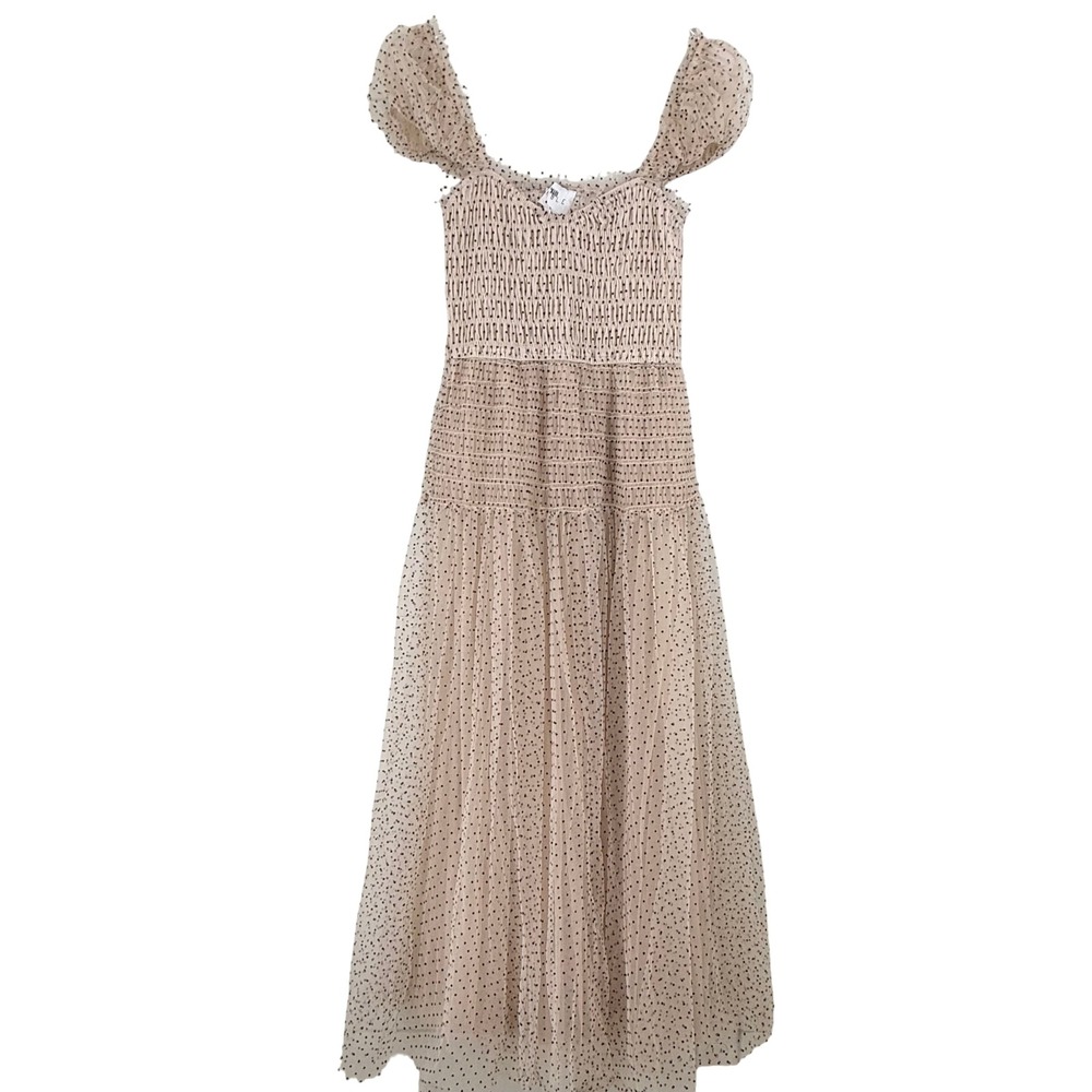 Chic Beige Midi Dress with Puff Sleeves
